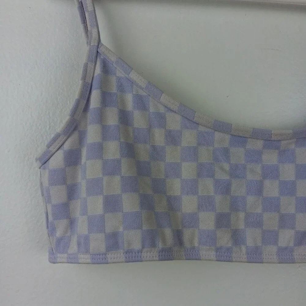 Frankies Bikinis Dallas Purple Check Jacquard Bralette Bikini Top Size XL